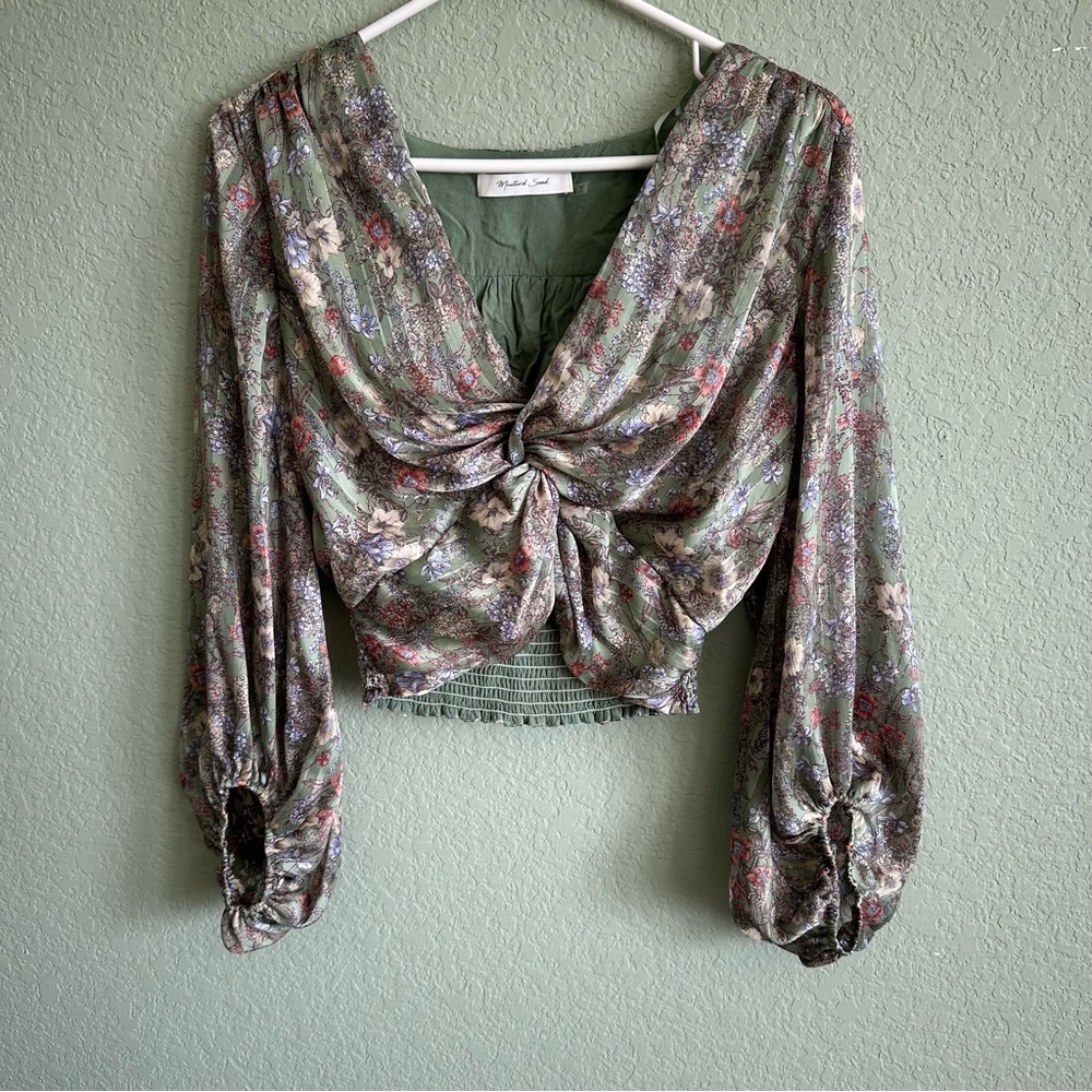 Women’s Green Cropped Blouse Top Long Sleeve Mustard Seed Small Boutique